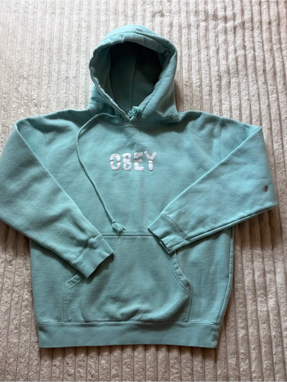 OBEY Men's Green Pullover Fleece Hoodie Graphic Print Logo Drawstring Size M